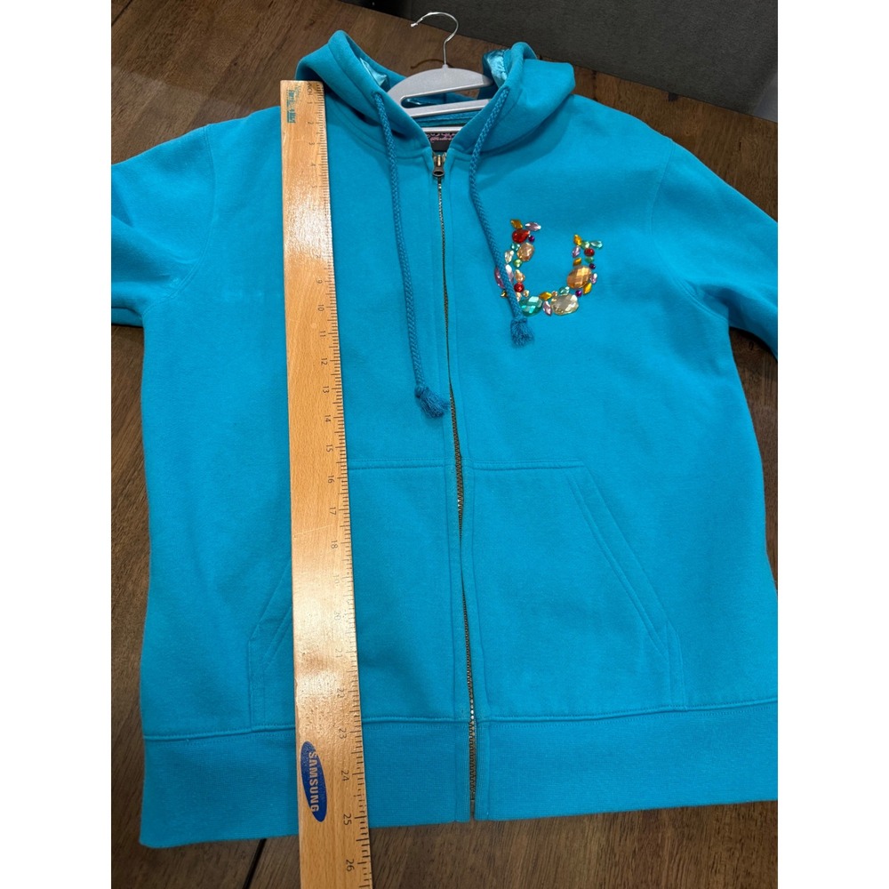 Cowgirl Hardware Turquoise Rhinestone Horseshoe Satin Lined Zip Hoodie Medium - Picture 8 of 9